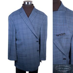 PRONTO UOMO Men Blazer 54L/S WOOL Blue Sport Coat Two Button Casual Jacket Plaid